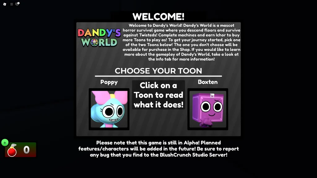 Dandy's World - Toon Character Selection Window